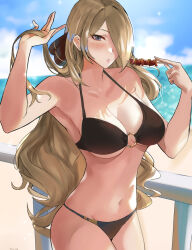 Rule 34 | 1girl, arm up, bikini, black bikini, blonde hair, blue sky, breasts, cloud, commentary, creatures (company), cynthia (pokemon), day, english commentary, food, game freak, grey eyes, hair over one eye, hand up, holding, holding food, kebab, large breasts, long hair, navel, nintendo, outdoors, pokemon, pokemon dppt, revision, sky, solo, stomach, swimsuit, tommy (kingdukeee), very long hair, wavy hair