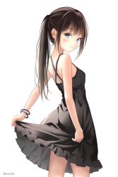 Rule 34 | 1girl, aqua eyes, arm at side, armband, bare arms, bare shoulders, black dress, blush, breasts, brown hair, closed mouth, clothes lift, cowboy shot, dress, dress lift, frilled dress, frills, from side, highres, lifted by self, long hair, looking at viewer, looking to the side, original, ponytail, short dress, sidelocks, sideways glance, simple background, small breasts, smile, solo, standing, straight hair, sundress, white background, yuluvine