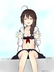 Rule 34 | 10s, 1girl, ahoge, bikini, black bikini, black skirt, blue sky, braid, breasts, brown hair, cloud, cloudy sky, collarbone, cowboy shot, day, closed eyes, facing viewer, hair over shoulder, hands up, happy, highres, hiitaso, jacket, kantai collection, knees together feet apart, long sleeves, miniskirt, open mouth, outdoors, sarong, shigure (kancolle), single braid, sitting, sketch, skirt, sky, small breasts, smile, solo, swimsuit, unzipped, white jacket