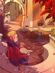Rule 34 | 1girl, bird, blonde hair, blue eyes, book, cup, earmuffs, from behind, highres, inukoko, leaf, looking at viewer, open book, original, pants, plant, potted plant, purple pants, red hair, red sweater, scarf, shadow, sitting, smile, solo, sweater, tree, wide shot