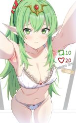 Rule 34 | 1girl, 3:, absurdres, blush, bra, breasts, cleavage, embarrassed, entogman, fire emblem, fire emblem awakening, frown, green eyes, green hair, hair ornament, highres, lace, lace-trimmed bra, lace trim, large breasts, lingerie, long hair, looking at viewer, meme, nintendo, panties, pointy ears, ponytail, solo, tiki (adult) (fire emblem), tiki (fire emblem), twitter strip game (meme), underwear, underwear only, white bra