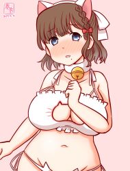Rule 34 | 1girl, animal ears, artist logo, asahi (kancolle), bell, blue eyes, blush, bra, braid, breasts, brown hair, cat cutout, cat ear panties, cat ears, cat lingerie, cat tail, cleavage, cleavage cutout, clothing cutout, commentary request, dated, frilled bra, frills, groin, jingle bell, kanon (kurogane knights), kantai collection, large breasts, meme attire, mole, mole under mouth, navel, neck bell, nose blush, one-hour drawing challenge, panties, pink background, short hair, side-tie panties, side braid, simple background, single braid, solo, tail, underwear, underwear only, white bra, white panties