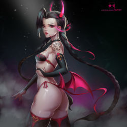 Rule 34 | 1girl, absurdres, alternate hair color, ass, bare shoulders, bat wings, bikini, black hair, braid, breasts, highres, horns, jinx (league of legends), league of legends, lipstick, long hair, makeup, pink eyes, solo, swimsuit, tattoo, thighhighs, twin braids, twintails, very long hair, wings, xili fish
