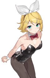 Rule 34 | 1girl, armpits, black leotard, black pantyhose, blonde hair, blue eyes, bow, bowtie, expressionless, highres, kagamine rin, leaning forward, leotard, pantyhose, playboy bunny, rakugaki ningen, red bow, red bowtie, solo, vocaloid, white background