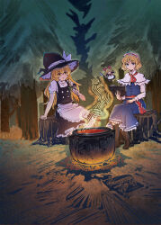 Rule 34 | 2girls, :t, alice margatroid, apron, arm support, ascot, black headwear, black skirt, black vest, blonde hair, blue dress, blue eyes, book, boots, bow, braid, brown footwear, buttons, capelet, cooking pot, cross-laced footwear, dress, fireplace, forest, frilled dress, frilled hairband, frilled ribbon, frilled skirt, frills, hair bow, hairband, hat, hat bow, highres, holding, holding book, kirisame marisa, long hair, multiple girls, nature, puffy short sleeves, puffy sleeves, red ascot, red hairband, ribbon, shanghai doll, shirt, shishui guima, short hair, short sleeves, single braid, sitting on tree stump, skirt, touhou, tree, turtleneck, vest, waist apron, white apron, white capelet, white shirt, witch hat, yellow eyes