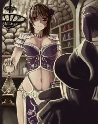 Rule 34 | 1girl, breasts, brown hair, cleavage, clothing cutout, flower, hair flower, hair ornament, halloween, hat, height difference, highres, indoors, lamp, large breasts, looking at another, navel, navel cutout, nuppa, original, red eyes, revealing clothes, short hair, smile, solo focus, stone wall, wall, witch hat