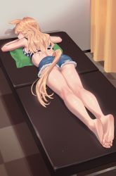 Rule 34 | 1girl, absurdres, animal ears, ass, bare legs, barefoot, blonde hair, blue shorts, breasts squeezed together, breasts, denim, denim shorts, closed eyes, feet, fur-trimmed shorts, fur trim, gold city (umamusume), hands up, highres, horse ears, horse tail, legs together, long hair, lying, on stomach, pillow, short shorts, shorts, soles, solo, tail, toes, umamusume, yukiyoshi mamizu