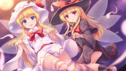Rule 34 | 2girls, black capelet, black dress, black headwear, black socks, blonde hair, blue eyes, blush, buttons, capelet, dress, dual persona, fairy, fairy wings, full moon, halloween, halloween costume, hat, highres, hood, hooded capelet, lily black, lily white, long hair, long sleeves, lzh, moon, multiple girls, open mouth, red eyes, smile, socks, striped clothes, striped thighhighs, thighhighs, touhou, white capelet, white dress, wide sleeves, wings, witch hat