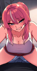 1boy 1girl bare_shoulders blue_eyes breasts bulge cleavage collarbone erection erection_under_clothes girl_on_top grin indoors large_breasts long_hair looking_at_viewer original pants pink_hair ponytail pov shirt smile sungwon white_shirt