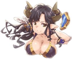 Rule 34 | 10s, 1girl, augusta (granblue fantasy), bare shoulders, black hair, breasts, closed mouth, collarbone, draph, covered erect nipples, granblue fantasy, horns, large breasts, long hair, pointy ears, simple background, smile, solo, thomasz, white background, yellow eyes