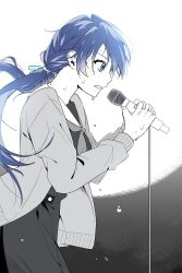 Rule 34 | 1girl, 42 (42 aqrl), backlighting, blue eyes, blue hair, blue ribbon, cardigan, commentary request, dark blue hair, dress, from side, hair ribbon, hasu no sora school uniform, highres, holding, holding microphone stand, korean commentary, link! like! love live!, long hair, long sleeves, looking ahead, love live!, low twintails, microphone stand, mole, mole on neck, monochrome, murano sayaka, music, neckerchief, open cardigan, open clothes, open mouth, pleated dress, ribbon, sailor collar, sailor dress, school uniform, sidelocks, singing, solo, spot color, sweat, twintails, virtual youtuber, winter uniform