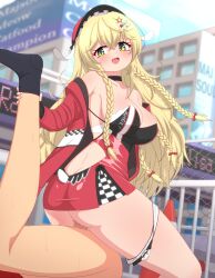 1boy 1girl amazon_position ass back_cutout black_bra black_choker black_gloves black_socks blonde_hair blue_sky blurry blurry_background blush bow bra braid breasts building censored chain-link_fence checkered_clothes checkered_skirt choker city cleavage clothed_female_nude_male clothing_cutout day eliisa_(mahjong_soul) femdom fence fingerless_gloves fujigaya_arctia gloves green_eyes hair_bow hair_ornament hat hetero highres jacket large_breasts large_variant_set long_hair long_sleeves looking_at_another looking_back mahjong mahjong_soul mosaic_censoring multiple_braids nude open_clothes open_jacket open_mouth outdoors panties panties_around_leg penis public_indecency pussy race_queen red_bow red_hat red_jacket red_skirt sex skirt sky smile socks solo_focus star_(symbol) star_hair_ornament tenbou textless_version underwear variant_set very_long_hair white_panties