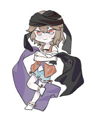 Rule 34 | 1other, androgynous, arde (len&#039;en), bandeau, bare arms, black bandeau, black cape, brown hair, cape, closed mouth, commentary, crossed arms, dated commentary, eye of senri, green shorts, holding, holding cape, holding clothes, holding scarf, jacket, jishixingle1029, kuzu suzumi, leg up, len&#039;en, light blush, medium hair, monad, open clothes, open jacket, orange jacket, other focus, pale skin, purple scarf, purple shirt, red eyes, red ribbon, ribbon, ribbon-trimmed shorts, ribbon-trimmed socks, ribbon legwear, ribbon trim, scarf, shirt, shorts, simple background, sleeveless, sleeveless jacket, sleeveless shirt, smile, socks, solo, white background, white shirt, white socks