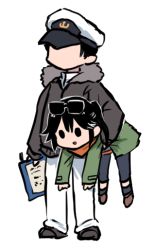 Rule 34 | 1boy, 1girl, admiral (kancolle), black hair, brown footwear, carrying, carrying under arm, eyewear on head, faceless, faceless male, fur-trimmed jacket, fur trim, green jacket, grey jacket, hair between eyes, hat, holding, holding person, jacket, kantai collection, long sleeves, military, military uniform, naval uniform, official alternate costume, pants, parted lips, peaked cap, sendai (kancolle), shoes, short hair, simple background, sunglasses, terrajin, two side up, uniform, white background, white pants