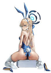 Rule 34 | 1girl, absurdres, animal ears, ass, back, bare back, bare shoulders, blonde hair, blue archive, blue bow, blue eyes, blue footwear, blue hair, blue leotard, bow, box, braid, breasts, detached collar, fake animal ears, french braid, from behind, hair between eyes, hair bow, halo, high heels, highres, large breasts, leotard, long hair, looking at viewer, looking back, multicolored hair, no shoes, nonekong, playboy bunny, rabbit ears, rabbit tail, shoes, sidelocks, simple background, solo, strapless, strapless leotard, streaked hair, tail, teeth, thighhighs, toki (blue archive), toki (bunny) (blue archive), white background, white thighhighs