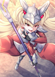 Rule 34 | 1girl, \m/, armor, blonde hair, centur-ion primera, dress, duel monster, fingerless gloves, gloves, highres, holding, holding polearm, holding weapon, long hair, armored boots, polearm, red dress, red eyes, tattuuy, twintails, weapon, yu-gi-oh!