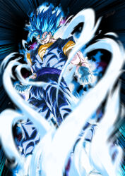 Rule 34 | 1boy, absurdres, aura, biceps, blue eyes, blue hair, blurry, blurry foreground, boots, clenched hands, dougi, dragon ball, dragon ball super, earrings, electricity, emphasis lines, gloves, highres, jewelry, looking ahead, male focus, muscular, muscular male, orange shirt, potara earrings, sash, shirt, signature, smirk, solo, standing, stynl f, super saiyan, super saiyan blue, vegetto, white footwear, white gloves