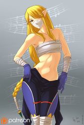 Rule 34 | 1girl, bandages, bare shoulders, blonde hair, blue gloves, bodysuit, braid, breasts, cleavage, contrapposto, covered mouth, cowboy shot, gloves, hair ornament, hair over one eye, long hair, low-braided long hair, low-tied long hair, medium breasts, musical note, navel, nintendo, patreon, pointy ears, princess zelda, red eyes, sarashi, sheik, shunkaku, single braid, solo, standing, super smash bros., the legend of zelda, the legend of zelda: ocarina of time, toned, undressing, very long hair, watermark