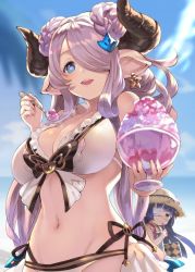Rule 34 | 10s, 2girls, bare shoulders, bikini, blue eyes, blue hair, blunt bangs, blush, braid, breasts, cleavage, day, double bun, draph, earrings, eyepatch, food, frilled bikini, frills, giving, granblue fantasy, green eyes, grey eyes, groin, hair bun, hair ornament, hair over one eye, harvin, hat, heart, heart-shaped pupils, horns, jewelry, jpeg artifacts, large breasts, light purple hair, long hair, looking at another, looking at viewer, low-tied long hair, low twintails, lunalu (granblue fantasy), medical eyepatch, multiple girls, narmaya (granblue fantasy), narmaya (summer) (granblue fantasy), navel, open mouth, parted lips, pointy ears, purple hair, shaved ice, shirabi, side-tie bikini bottom, smile, spoon, stomach, straw hat, sun hat, swimsuit, symbol-shaped pupils, twintails, upper body, white bikini