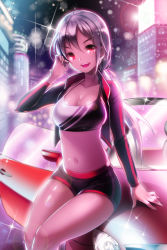 Rule 34 | 1girl, aile (crossroads), arm support, arm up, black hair, breasts, car, cleavage, collarbone, grin, jacket, lens flare, midriff, motor vehicle, navel, night, on vehicle, open mouth, red eyes, shiny skin, short hair, shorts, sitting, smile, sparkle, sports bra, sword girls, vehicle