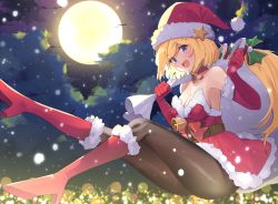 Rule 34 | 1girl, aki rosenthal, bell, belt, black pantyhose, blonde hair, blue eyes, boots, breasts, choker, christmas, cleavage, detached hair, dress, elbow gloves, elf, full moon, gloves, hat, hat ornament, hololive, moon, open mouth, pantyhose, pointy ears, santa boots, santa dress, santa gloves, santa hat, sky, smile, snow, solo, star (sky), star (symbol), star hat ornament, starry sky, twin (tt lsh), twintails, virtual youtuber