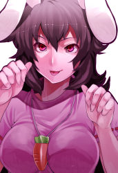 Rule 34 | 1girl, :p, aged up, animal ears, bad id, bad pixiv id, between breasts, breasts, brown hair, carrot, carrot necklace, face, female focus, highres, inaba tewi, irohara mitabi, jewelry, large breasts, necklace, pendant, rabbit ears, red eyes, short hair, solo, tongue, tongue out, touhou