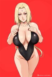 Rule 34 | 1girl, beach, black one-piece swimsuit, blonde hair, blush, breasts, brown eyes, casual one-piece swimsuit, cleavage, cloud, cowboy shot, curvy, facial mark, female focus, forehead mark, groin, huge breasts, krabbytheartist, large breasts, long hair, looking at viewer, nail polish, naruto, naruto (series), naruto shippuuden, navel, one-piece swimsuit, outdoors, parted lips, red nails, revealing clothes, sand, shiny skin, smile, solo, standing, swimsuit, thick thighs, thighs, tree, tsunade (naruto), wide hips