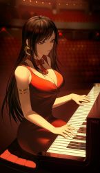 Rule 34 | 1girl, armlet, bare shoulders, black hair, breasts, cleavage, crescent, crescent earrings, crescent moon, dress, duoj ji, earrings, eyelashes, final fantasy, final fantasy vii, final fantasy vii remake, highres, indoors, instrument, jewelry, large breasts, long hair, moon, music, neck ribbon, piano, piano bench, playing instrument, playing piano, red dress, red eyes, red lips, red ribbon, ribbon, sitting, sleeveless, sleeveless dress, solo, stage, stage lights, tifa lockhart