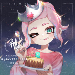 Rule 34 | artist name, birthday cake, blue eyes, blush, cake, commentary request, commission, crown, food, holding, holding plate, holding spoon, inkling, inkling girl, inkling player character, jinkobanana, licking lips, night, night sky, nintendo, octoling, octoling girl, octoling player character, one eye closed, pink hair, pink shirt, plate, sample watermark, shirt, shooting star, short hair, sidelocks, sky, splatoon (series), spoon, tongue, tongue out, watermark