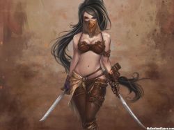 Rule 34 | 1girl, akali, artist request, black hair, breasts, dagger, dual wielding, highres, holding, knife, league of legends, long hair, mask, navel, ninja, ponytail, solo, watermark, weapon, web address