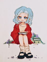 Rule 34 | 1girl, black footwear, blue eyes, blue hair, book on lap, chinese commentary, commentary request, enomoto noa, flower, highres, hood, hood down, hooded jacket, jacket, light blue hair, lingmingyannanshan, looking at viewer, mary janes, medium hair, open clothes, open jacket, open mouth, parted bangs, petals, purple flower, purple petals, red jacket, red skirt, saibou shinkyoku, shirt, shoes, sitting, skirt, smile, socks, solo, white socks, yellow shirt