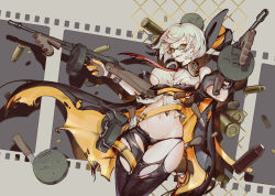 Rule 34 | 1girl, breasts, bullet, cartridge, commentary, cowboy shot, drum magazine, film strip, finger on trigger, girls&#039; frontline, glasses, gloves, grey background, gun, hat, headphones, headphones around neck, highres, holding, large breasts, looking over eyewear, looking over glasses, magazine (weapon), navel, necktie, red eyes, revealing clothes, shirt, short hair, silver hair, smile, softmode, solo, submachine gun, sunglasses, thompson (girls&#039; frontline), thompson submachine gun, tinted eyewear, torn clothes, two-tone background, underbust, weapon