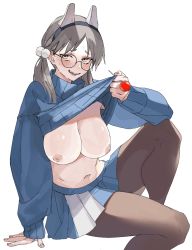 Rule 34 | 1girl, blue archive, blue sweater, blush, breasts, brown eyes, brown hair, brown pantyhose, candy, clothes lift, food, glasses, hair ornament, halo, highres, inverted nipples, kawatiw, large breasts, lifting own clothes, lollipop, long hair, long sleeves, looking at viewer, moe (blue archive), nipples, open mouth, pantyhose, ple, pom pom (clothes), pom pom hair ornament, round eyewear, simple background, sitting, skirt, sleeves past wrists, solo, sweat, sweater, sweater lift, turtleneck, turtleneck sweater, twintails, white background