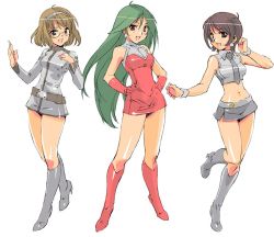 Rule 34 | 3girls, bare shoulders, belt, blonde hair, boots, bracelet, brown hair, dress, earrings, glasses, green hair, grey footwear, hand on own chest, hands on own hips, high heel boots, high heels, jewelry, knee boots, looking at viewer, moriguchi nao (naonao), multiple girls, naonao77, necktie, open mouth, original, red eyes, red footwear, short dress, simple background, skirt, sleeveless, smile, white background