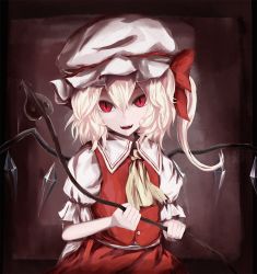 Rule 34 | 1girl, arm garter, arm ribbon, ascot, bad id, bad pixiv id, blonde hair, collared shirt, cowboy shot, fangs, flandre scarlet, frilled shirt collar, frilled sleeves, frills, hair between eyes, hat, highres, holding, holding weapon, laevatein, looking at viewer, mob cap, moose (moosu193), open mouth, red eyes, red skirt, red vest, ribbon, sash, shirt, short hair, short sleeves, skirt, skirt set, slit pupils, solo, teeth, touhou, vampire, vest, weapon, white shirt, wings