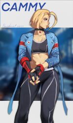 Rule 34 | 1girl, 2023, armored gloves, black pants, blonde hair, blue eyes, blue jacket, cammy white, character name, choker, collarbone, commentary, crop top, cropped jacket, dated, fingerless gloves, flavedochen, gloves, highres, jacket, looking to the side, midriff, navel, pants, short hair, stomach, street fighter, street fighter 6, symbol-only commentary, tight clothes, tight pants