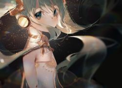 Rule 34 | 1girl, aqua eyes, aqua hair, bare shoulders, black background, choker, commentary, dress, floating hair, gold trim, hair ornament, hatsune miku, headphones, iftuoma, light particles, long hair, looking at viewer, looking to the side, miku symphony (vocaloid), rainbow, refraction, solo, twintails, very long hair, vocaloid, white dress
