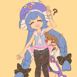 Rule 34 | 2girls, ?, @ @, alternate eye color, animate object, argyle clothes, argyle pantyhose, arm up, armpits, behind another, black bow, black pantyhose, blue dress, blue hair, blue skirt, bow, brown hair, closed eyes, clothes lift, clueless, collarbone, dress, eel hat, facing viewer, feet out of frame, flying sweatdrops, gradient dress, haiku kit, hair bow, highres, japanese clothes, jitome, kimono, kneeling, leaning to the side, lifting another&#039;s clothes, long hair, looking at another, low twintails, multiple girls, multiple hair bows, neckerchief, obi, otomachi una, otomachi una (talkex), panties, panties under pantyhose, pantyhose, pink dress, pink eyes, pleated dress, sailor collar, sash, short dress, short eyebrows, short kimono, simple background, single wrist cuff, skirt, skirt lift, sleeveless, sleeveless dress, smile, standing, talkex, thick eyebrows, touhoku kiritan, twintails, two-tone eyes, underwear, v, very long hair, vocaloid, voiceroid, white kimono, white neckerchief, white sailor collar, wide sleeves, wrist cuffs, yellow background, yellow eyes