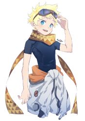 Rule 34 | 1boy, blonde hair, blue eyes, blue shirt, blush, bright pupils, cropped legs, fate/grand order, fate (series), goggles, goggles on head, highres, looking up, male focus, open mouth, scarf, shirt, short hair, spacesuit, teeth, tetsu (teppei), upper teeth only, voyager (fate), white pupils, yellow scarf