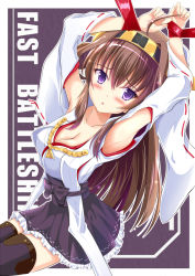Rule 34 | 1girl, ahoge, armpits, bare shoulders, blush, bound, bound wrists, detached sleeves, double bun, hairband, headgear, highres, japanese clothes, kantai collection, kongou (kancolle), looking at viewer, nontraditional miko, radek ken, ribbon-trimmed sleeves, ribbon trim, solo