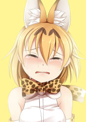 Rule 34 | 10s, 1girl, animal ears, bare shoulders, blonde hair, blush, bow, bowtie, crying, elbow gloves, extra ears, closed eyes, facing viewer, gloves, hair between eyes, highres, kemono friends, medium hair, print bow, print bowtie, print neckwear, serval (kemono friends), serval print, shirt, simple background, sleeveless, sleeveless shirt, solo, tears, upper body, white shirt, yasume yukito, yellow background