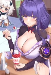 Rule 34 | 1other, 2girls, absurdres, blush, breasts, bridal gauntlets, cleavage, eating, food, food on face, fruit, genshin impact, hair ornament, highres, holding, holding spoon, ice cream, japanese clothes, kimono, large breasts, long hair, looking at viewer, mole, mole under eye, multiple girls, mutenka (plfgb), nail polish, off shoulder, out of frame, paimon (genshin impact), purple eyes, purple kimono, purple nails, raiden shogun, short hair, shrug (clothing), sidelocks, sitting, spoon, strawberry, sundae, symbol-shaped pupils, table, upper body, vision (genshin impact), white hair