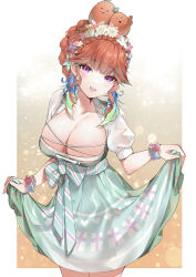 Rule 34 | 1girl, absurdres, blush, breasts, cleavage, dress, earrings, feather earrings, feathers, gradient hair, head tilt, highres, hololive, hololive english, jewelry, large breasts, looking at viewer, multicolored hair, open mouth, orange hair, pink hair, purple eyes, revision, smile, solo, takanashi kiara, takanashi kiara (dirndl), virtual youtuber, yukineko1018