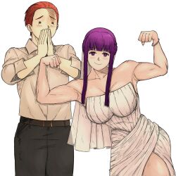 Rule 34 | 1boy, 1girl, basedlida, belt, bracelet, breasts, bride, covering own mouth, dress, fern (sousou no frieren), groom, highres, jewelry, large breasts, long hair, looking at viewer, meme, muscular, muscular bride (meme), muscular female, pants, purple hair, shirt, sleeves rolled up, smile, sousou no frieren, stark (sousou no frieren), wedding dress, white background, white shirt