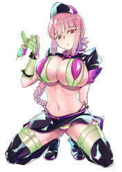 Rule 34 | 1girl, absurdres, bikini, blunt bangs, boots, breasts, closed mouth, condom, fate/grand order, fate (series), florence nightingale (fate), florence nightingale (trick or treatment) (fate), full body, gloves, green gloves, green thighhighs, hat, highres, kasoku souchi, large breasts, long hair, looking at viewer, miniskirt, navel, official alternate costume, pink hair, red eyes, rubber gloves, short sleeves, shrug (clothing), skirt, solo, spread legs, squatting, stomach, swimsuit, syringe, thigh boots, thighhighs, used condom