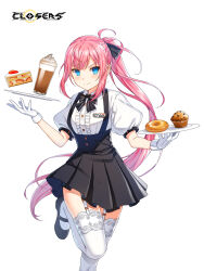 Rule 34 | 1girl, badge, black bow, black bowtie, black footwear, black skirt, blue eyes, blush, bow, bowtie, breasts, cake, cake slice, center frills, closed mouth, closers, coffee, collared shirt, copyright name, cowboy shot, cup, cupcake, doughnut, drinking glass, floating hair, flying sweatdrops, food, frills, garter straps, gloves, hair bow, hands up, high-waist skirt, highres, holding, holding plate, ice cream, ice cream float, lace, lace-trimmed thighhighs, leg up, logo, long hair, looking at viewer, mary janes, miniskirt, official art, pink hair, plate, pleated skirt, ponytail, puffy short sleeves, puffy sleeves, seulbi lee, shirt, shoes, short sleeves, sidelocks, skirt, small breasts, smile, solo, standing, standing on one leg, strawberry cake, suspender skirt, suspenders, thighhighs, underbust, v-shaped eyebrows, very long hair, waitress, white background, white gloves, white shirt, white thighhighs, zettai ryouiki