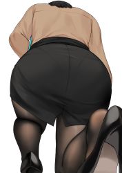 Rule 34 | 1girl, absurdres, anti (0324), ass, back slit, black footwear, black hair, black pantyhose, black skirt, commentary, english commentary, facing away, foreshortening, from behind, from below, high heels, highres, kneeling, long sleeves, office lady, on one knee, original, pantyhose, pantylines, pencil skirt, picking up, simple background, skin tight, skirt, solo, white background