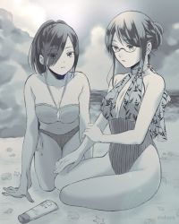 Rule 34 | 2girls, alternate hairstyle, artist name, bare arms, bare legs, bare shoulders, beach, bikini, breasts, cleavage, closed mouth, cloud, collarbone, eyes visible through hair, glasses, greyscale, hair behind ear, hair between eyes, hair over one eye, hand on ground, hand on own arm, kamishiro rize, kirishima touka, large breasts, looking at another, lotion, medium hair, monochrome, multiple girls, nabe-box, ponytail, purple hair, sand, shell, short ponytail, striped bikini, striped clothes, sunscreen, swimsuit, tokyo ghoul, water