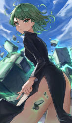 Rule 34 | 1girl, absurdres, action, ass, black dress, blush, boulder, breasts, curly hair, debris, destruction, dress, energy, psychic, fantasy, floating, floating object, floating rock, from side, glowing, green eyes, green hair, highres, huge filesize, legs, levitation, looking back, magic, mrr 05, one-punch man, parted lips, psychic, rock, rubble, short hair, side slit, small breasts, solo, stone, tatsumaki, telekinesis