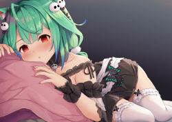 Rule 34 | 1girl, absurdres, ahoge, animal ear fluff, animal ears, bad id, bad pixiv id, black dress, blue hair, blush, bow, cat ears, collar, collarbone, commentary request, cushion, detached collar, dress, ear ribbon, empty eyes, fingernails, frilled collar, frilled dress, frilled straps, frilled thighhighs, frills, garter straps, gradient hair, green hair, green tail, hair bow, hair ornament, hair ribbon, highres, hololive, kemonomimi mode, kusana (dudqja602), looking at viewer, low twintails, lying, medium hair, multicolored hair, nail polish, off-shoulder dress, off shoulder, on side, on stomach, parted lips, pink nails, red eyes, ribbon, see-through, see-through sleeves, short dress, short sleeves, short twintails, skull hair ornament, sleeping, solo, tail, teeth, thighhighs, twintails, twisted torso, upper teeth only, uruha rushia, uruha rushia (3rd costume), virtual youtuber, white garter straps, white thighhighs, wrist cuffs